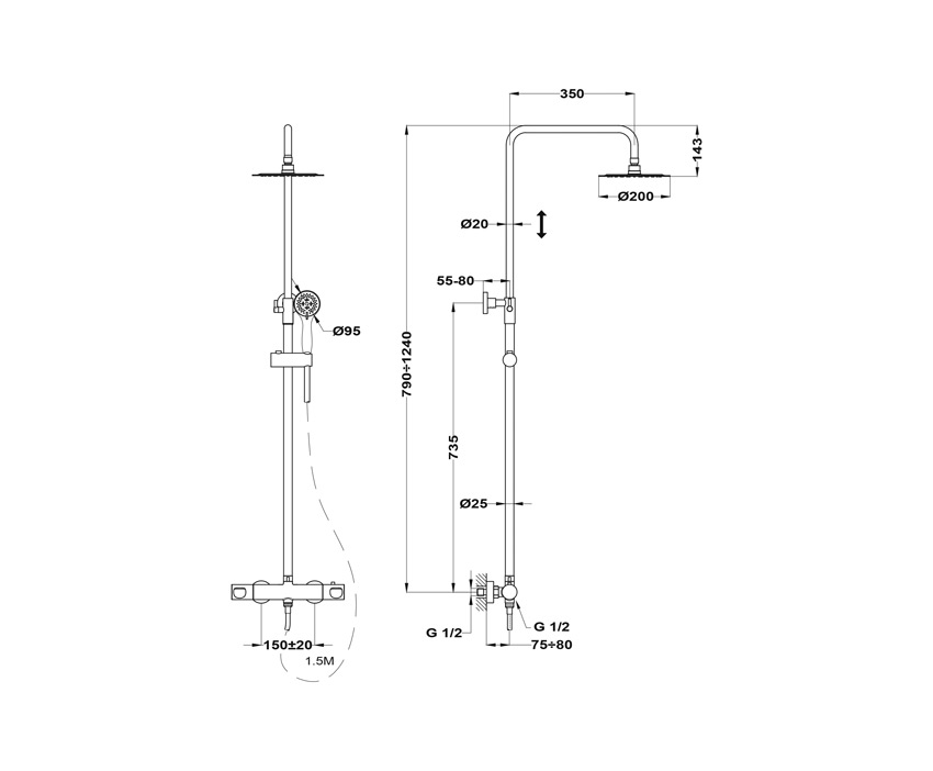 Mofém Zenit Zuhanyrendszer Termosztátos Csapteleppel Teleszkópos Felszállócsővel 170-1901-00 műszaki adatlap